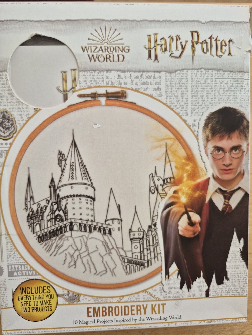 Harry Potter Embroidery Kit that includes Book, Fabric,  iron on transfers